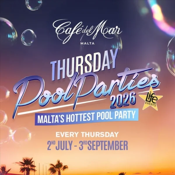 Café del Mar Malta Pool Party: il beach club più iconico dell’isola, tramonto mozzafiato e musica house/commercial.