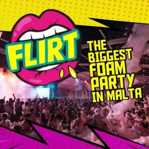 Flirt Foam Party Malta – Aria Complex: giant foam cannons, commercial hits, reggaeton and a massive high-energy crowd.