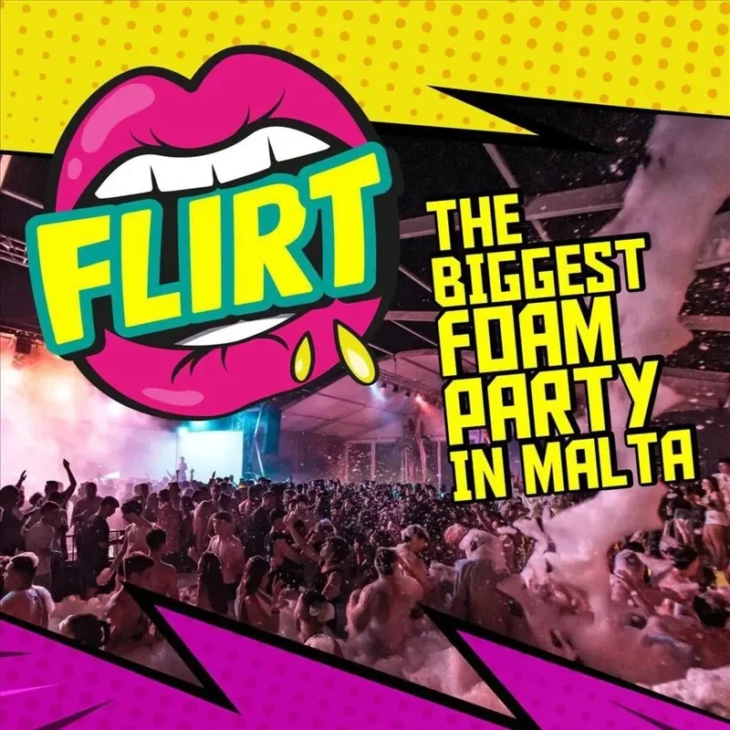 Flirt Foam Party Malta – Aria Complex: giant foam cannons, commercial hits, reggaeton and a massive high-energy crowd.