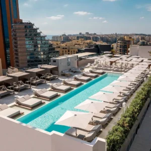 Drone view of the rooftop pool at Flo Skypool Malta.