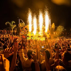 Partygoers dancing with flame effects at Move It! Event, Gianpula Malta