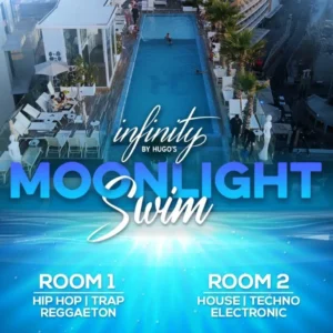 Moonlight Swim Infinity Hugo’s Malta: rooftop night pool party with dual music rooms and full summer vibes.