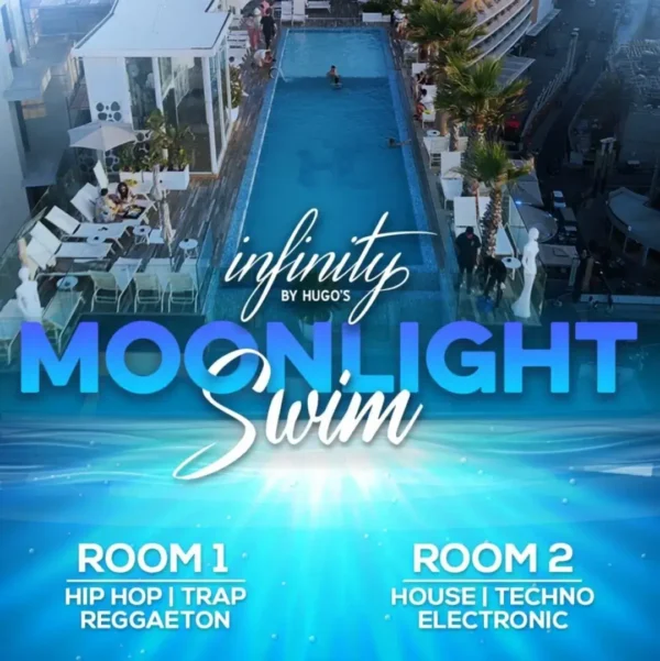 Moonlight Swim Infinity Hugo’s Malta: rooftop night pool party with dual music rooms and full summer vibes.