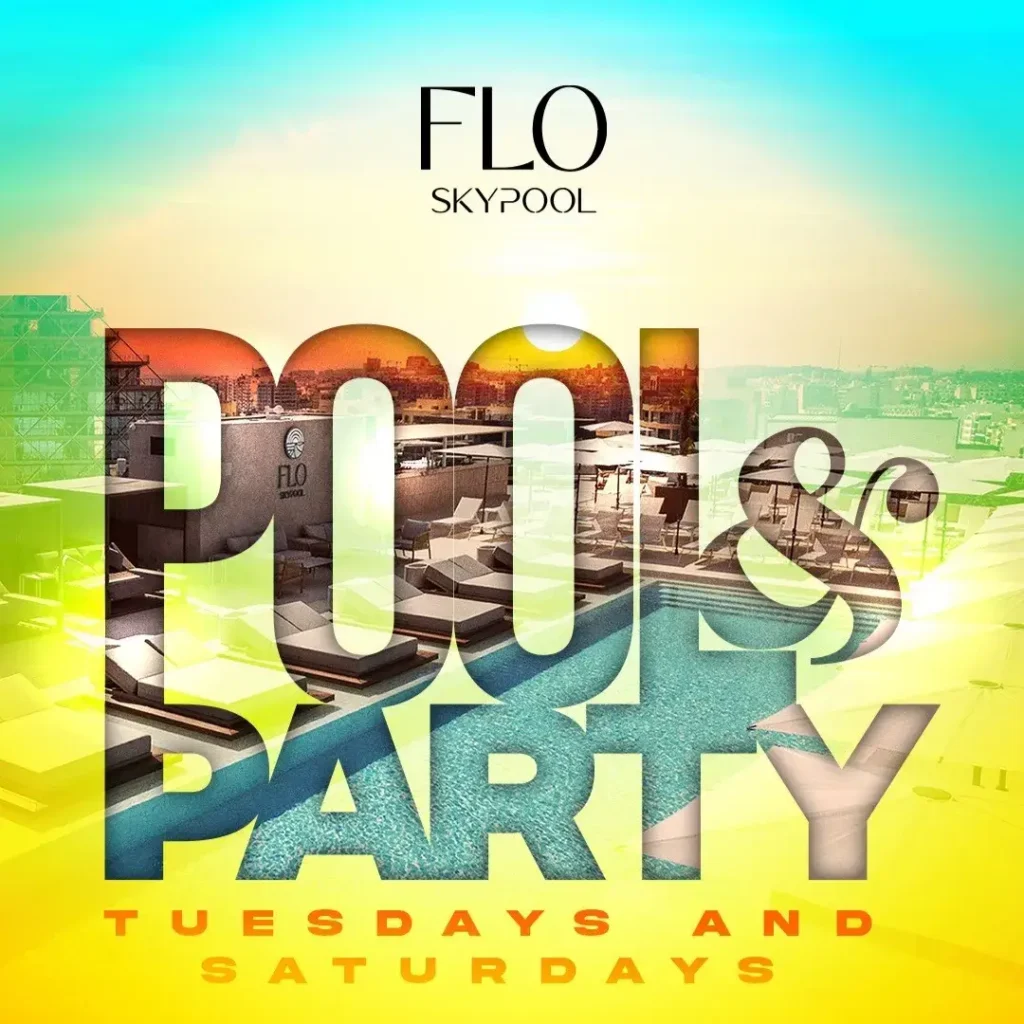 Flo Skypool Pool Party Malta: chic rooftop, panoramic sunset and commercial/house music.
