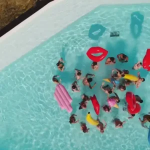 Aerial view of pool inflatables at Toy Room Beach Club Malta.