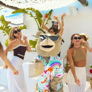 Mascot dancing with girls at Toy Room Beach Club Malta.