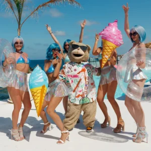 Mascot with ice-cream dancers at Toy Room Beach Club Malta.