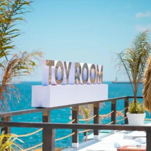 Toy Room Beach Club Malta sign by the sea.