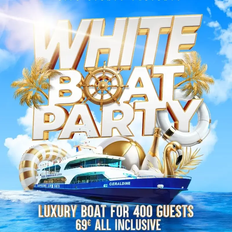 White Boat Party Malta: elegant all-white boat cruise with unlimited open bar and sunset vibes.