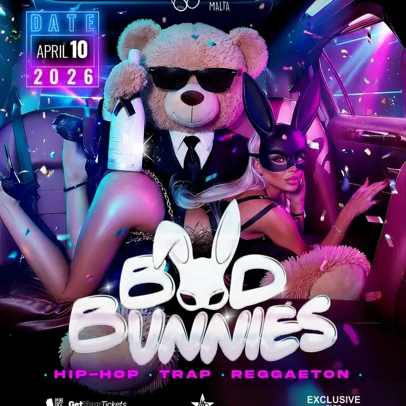 Bad Bunnies party poster with the mascot and dancers at Toy Room Malta