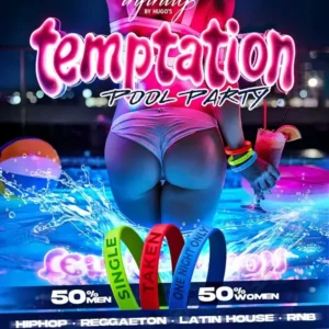 Temptation Pool Party poster on the Hugo Hotel Malta rooftop with colored bracelets