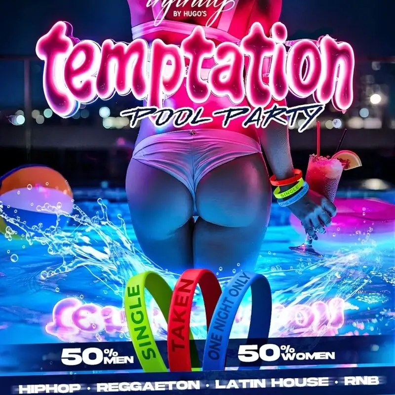 Temptation Pool Party poster on the Hugo Hotel Malta rooftop with colored bracelets