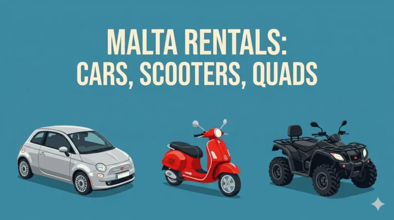 Illustrated graphic showing car scooter and quad rental options in Malta with a Fiat 500 a red scooter and a black ATV