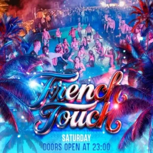 Official poster for the French Touch Pool Party at Gianpula Rooftop in Malta, showing neon palm trees, a crowded pool, and Saturday night event details.