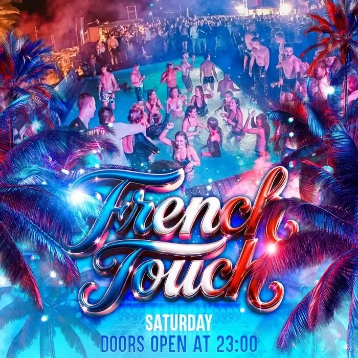 Official poster for the French Touch Pool Party at Gianpula Rooftop in Malta, showing neon palm trees, a crowded pool, and Saturday night event details.
