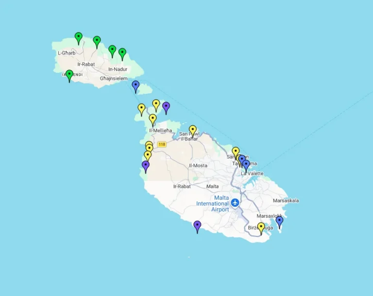 Map of Malta beaches showing locations of top sandy and rocky beaches around the island
