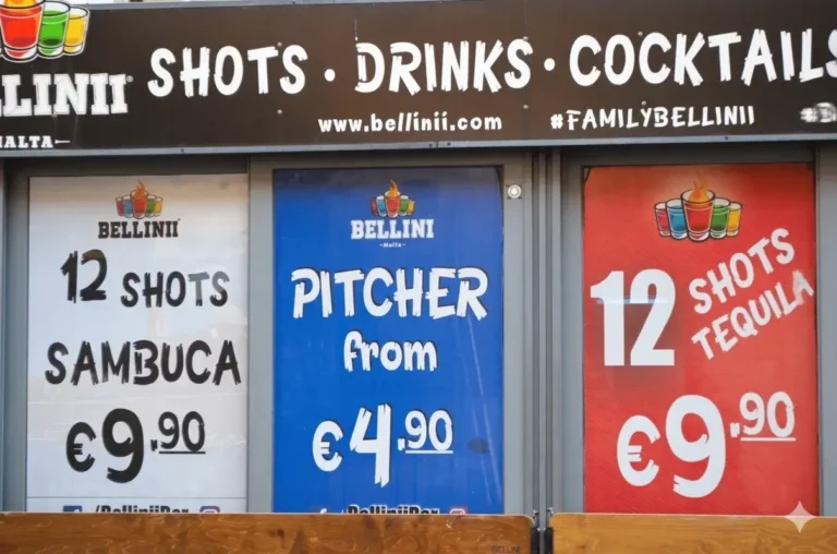 Bellinii bar price board in Paceville Malta showing shots and pitchers from €4.90