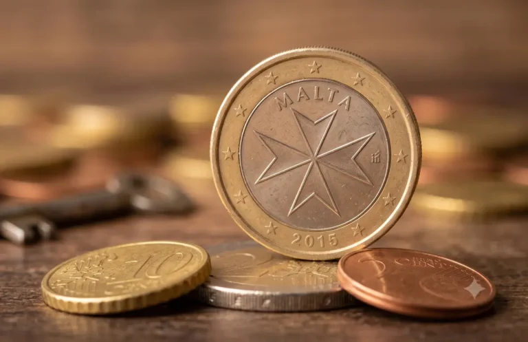 Maltese 1 euro coin showing the Maltese cross design among other euro coins