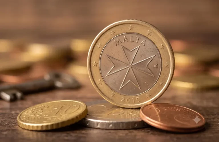 Moneta da 1 euro maltese con la croce di Malta circondata da altre monete in euro