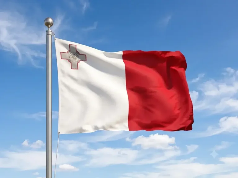 Drapeau maltais flottant au vent avec les bandes blanches et rouges et la Croix de George dans le coin supérieur gauche