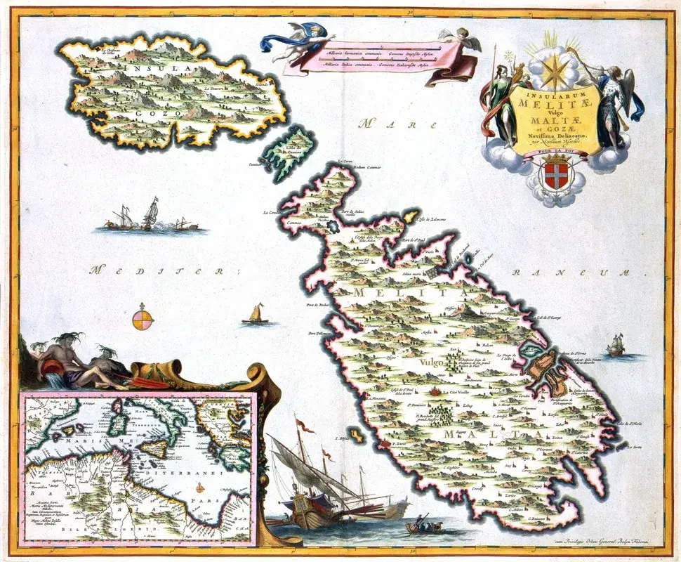 17th-century antique map of Malta and Gozo titled Insularum Melitae showing the islands during the Knights era
