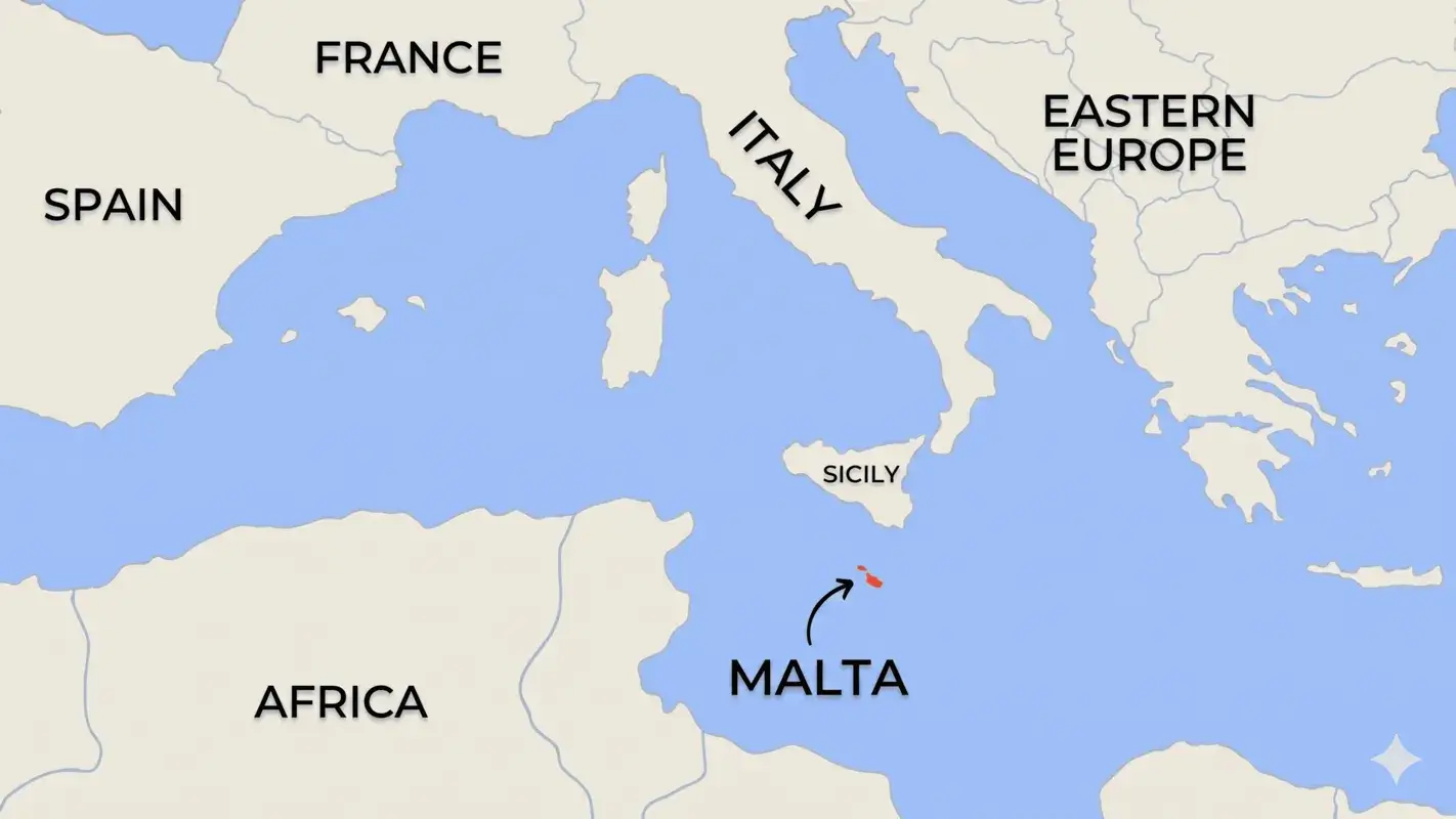 Map showing Malta location in the Mediterranean Sea between Sicily and Africa