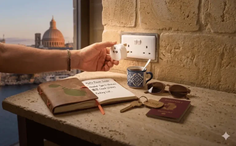 Main branchant un adaptateur Type G dans une prise britannique dans une chambre d'hôtel à Malte avec vue sur La Valette