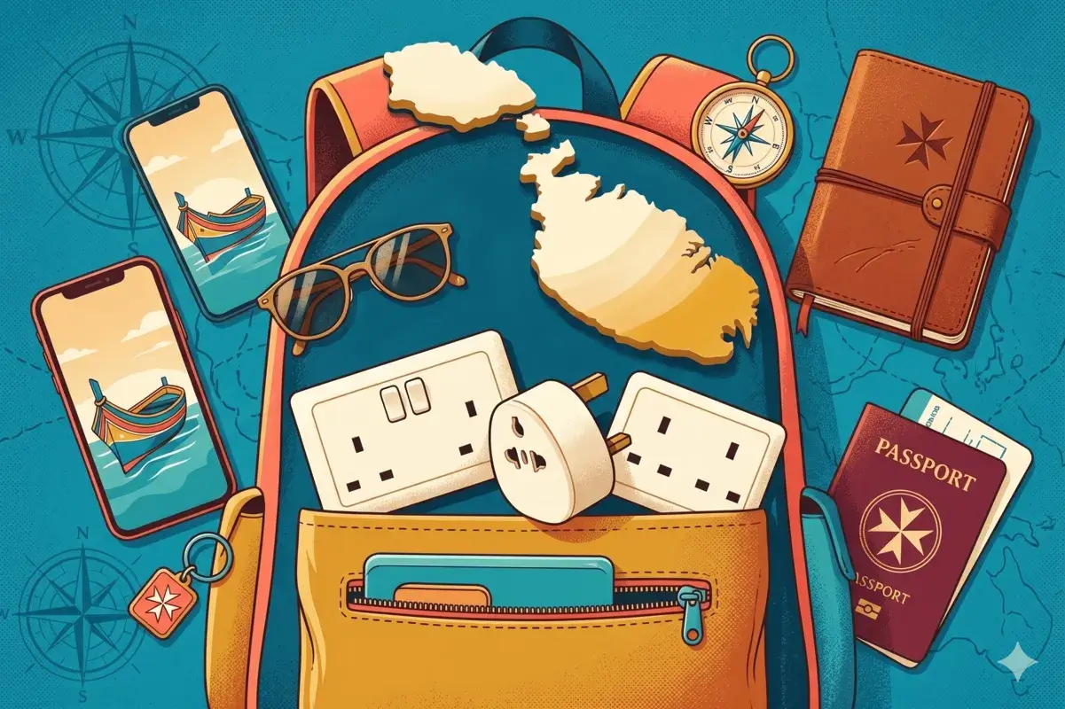 Illustrated travel backpack for Malta with map outline Type G plug adapter passport and compass