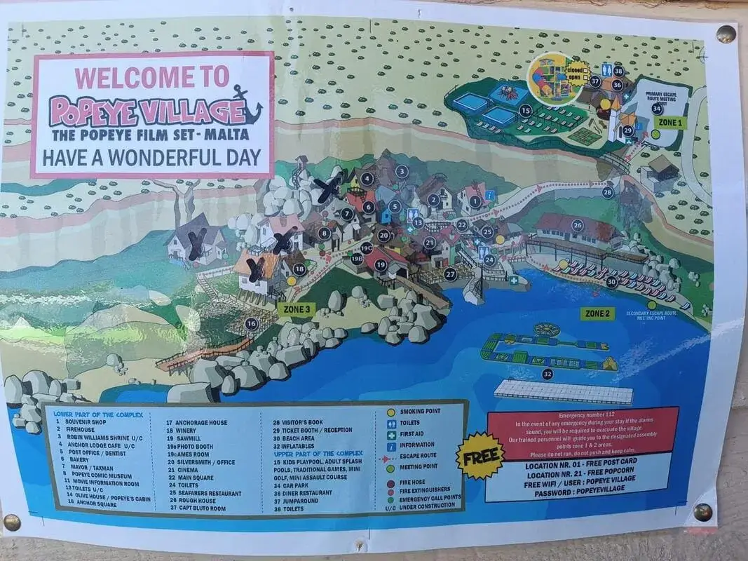 Mappa Popeye Village Malta - Piano ufficiale Sweethaven Village Mappa ufficiale del Popeye Village Malta con le tre zone edifici attività e ristoranti di Sweethaven Village ad Anchor Bay Mellieha