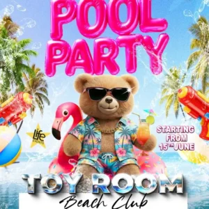 Friday Day Pool Party at Toy Room Beach Club in Malta with the bear mascot Frank.