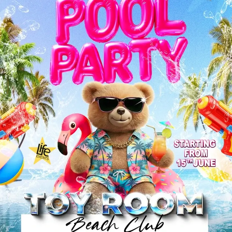 Friday Day Pool Party at Toy Room Beach Club in Malta with the bear mascot Frank.