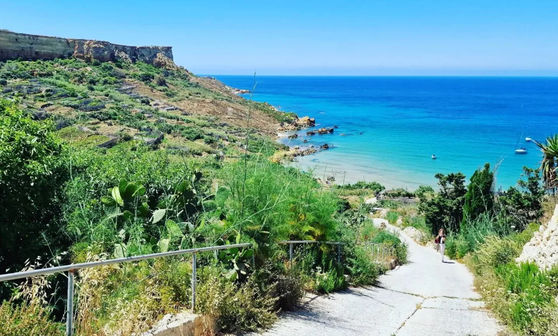 sentiero San Blas Bay Gozo mare turchese collina verdeggiante