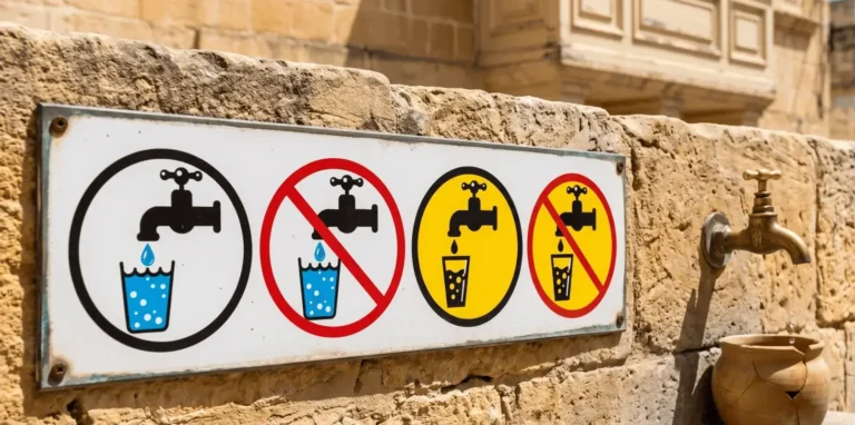 Water drinking signs on a limestone wall in Malta showing mixed drinkable and non-drinkable tap water symbols