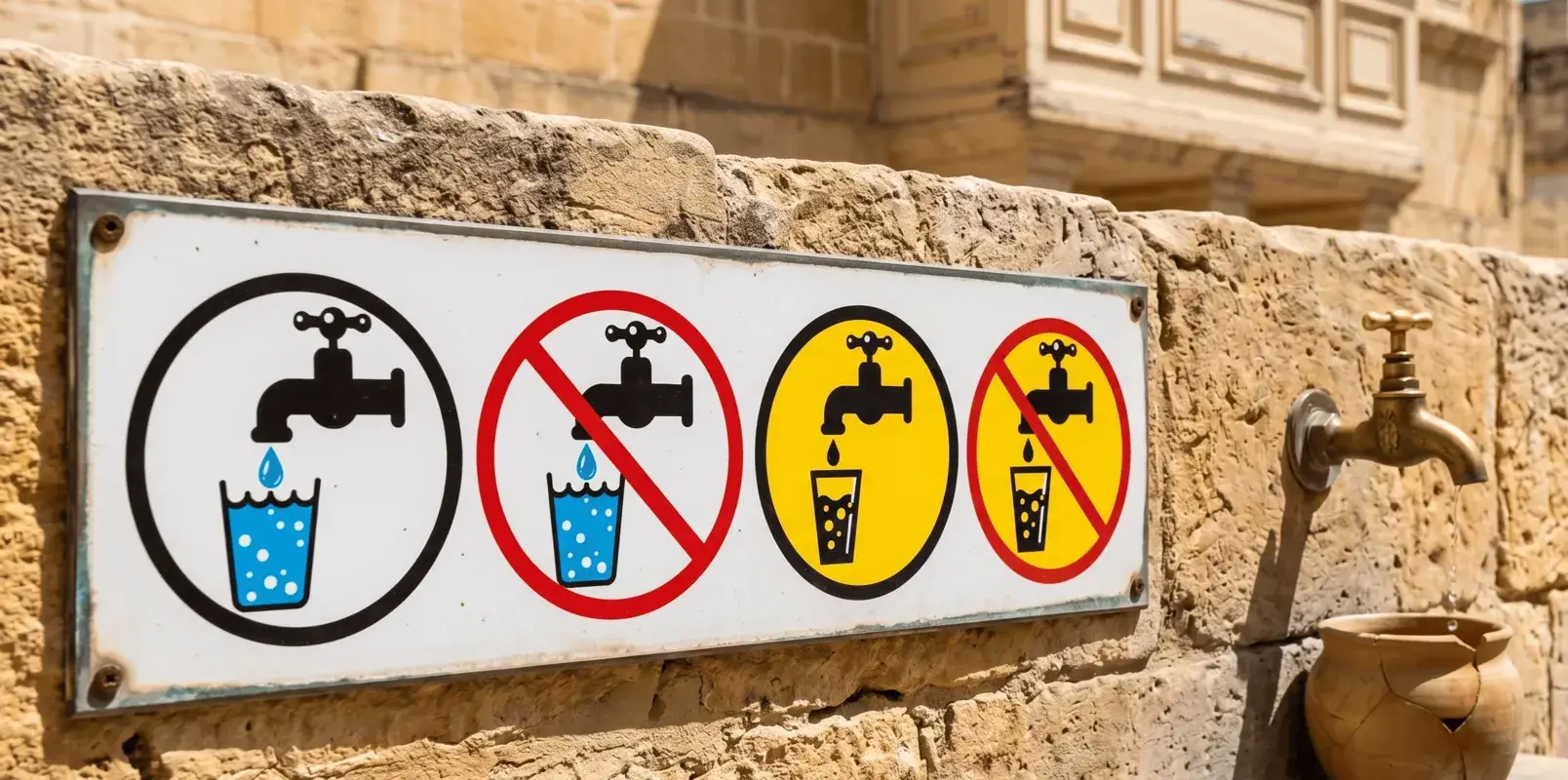 Water drinking signs on a limestone wall in Malta showing mixed drinkable and non-drinkable tap water symbols