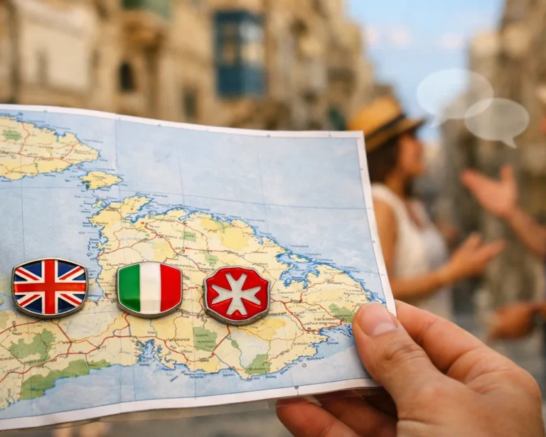 Infografica che spiega quali lingue si parlano a Malta – maltese e inglese come lingue ufficiali