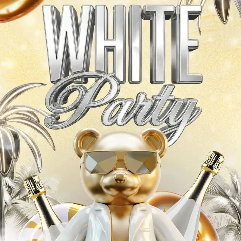 International crowd of partygoers all dressed in white partying around the seafront pool at Toy Room Beach Club Malta on a Wednesday.