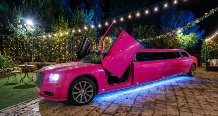 Limousine rosa parcheggiata fuori da un locale a Malta per un addio al nubilato o celibato