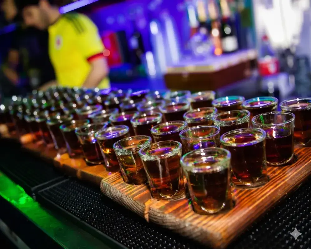 File di bicchierini da shot pieni di liquore su un bancone di legno