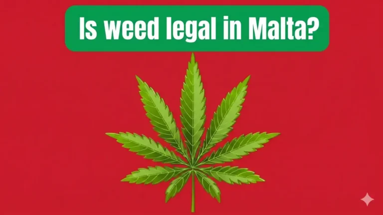 Grafica di una foglia di cannabis verde su sfondo rosso con la scritta in inglese Is weed legal in Malta