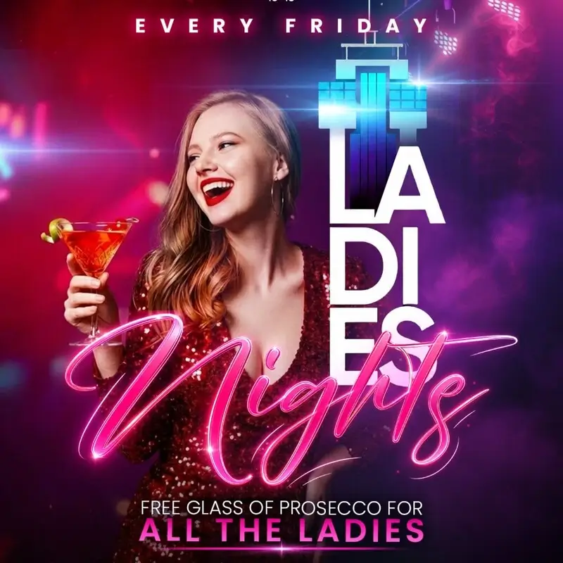 A smiling woman in a sequined red dress holding a cocktail, with large 'LADIES NIGHTS Every Friday' neon text and a view of Portomaso Tower at Twenty Two Malta.